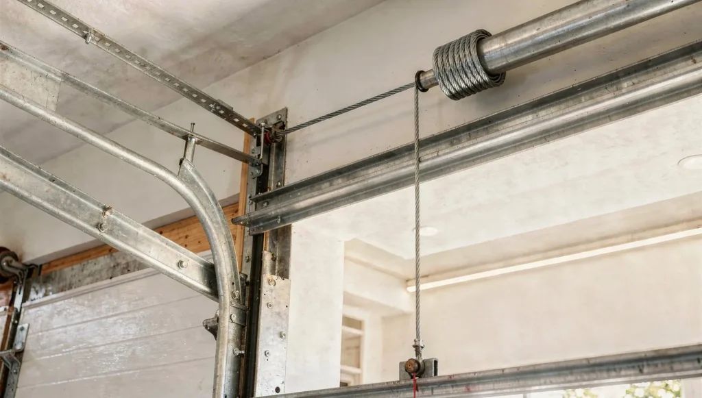 Steel lift cable wound into the grooves of the cable drum on the torsion shaft installed in a garage, Perth