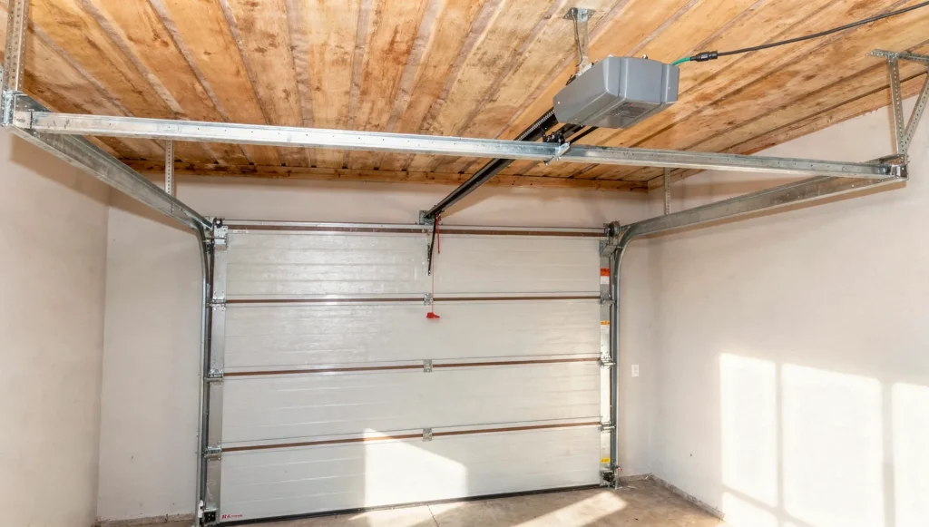 Rectangular garage door opener power head with its drive rail installed in a garage, Perth