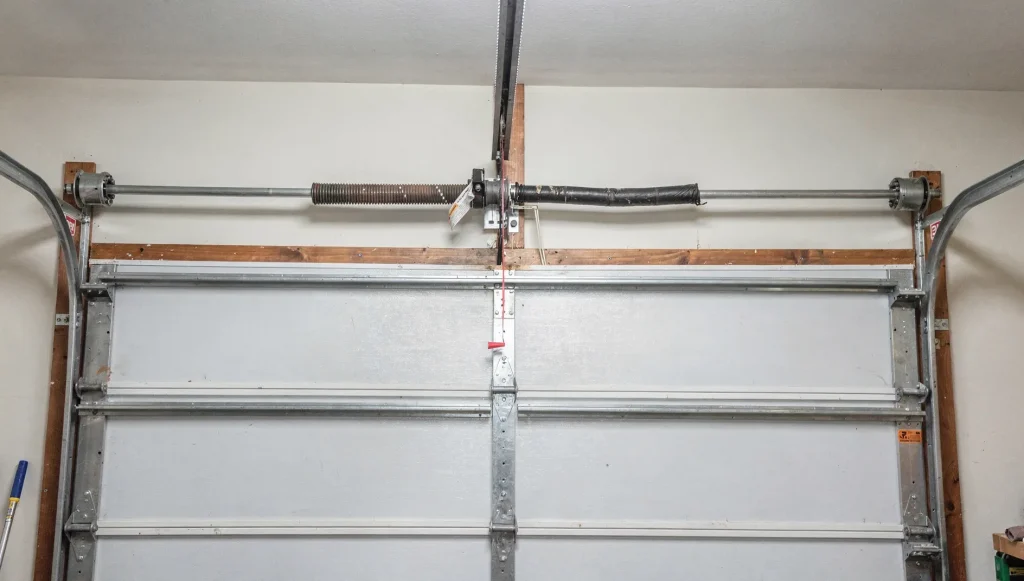 Helical torsion spring coiled around the horizontal shaft installed in a garage, Perth