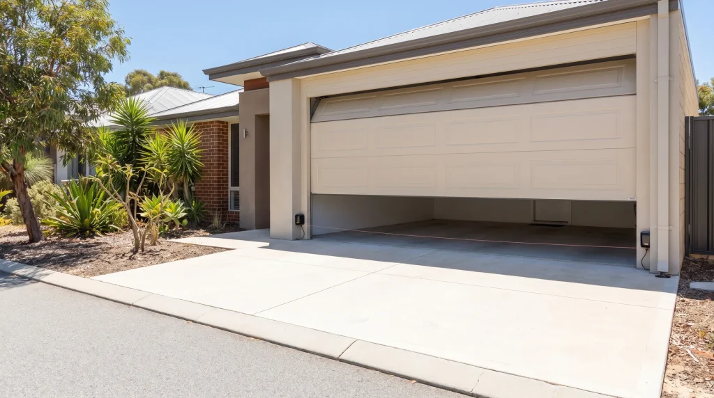 Safe garage door with aligned safety sensors on a Perth family home driveway