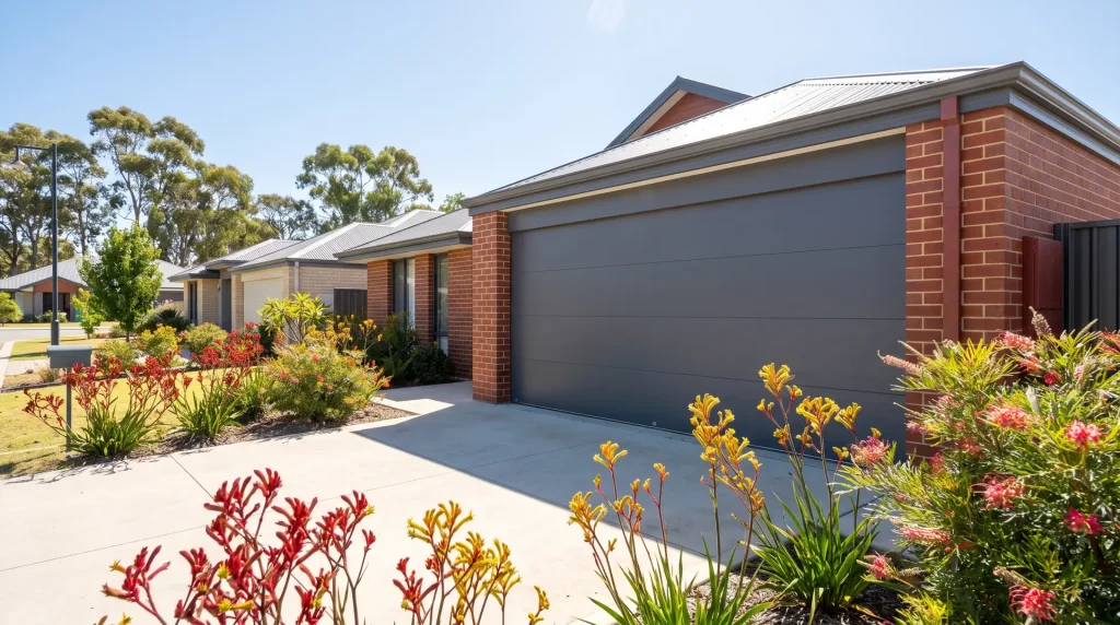 Freshly repaired sectional garage door aligned on clean tracks at a Perth suburban brick home driveway