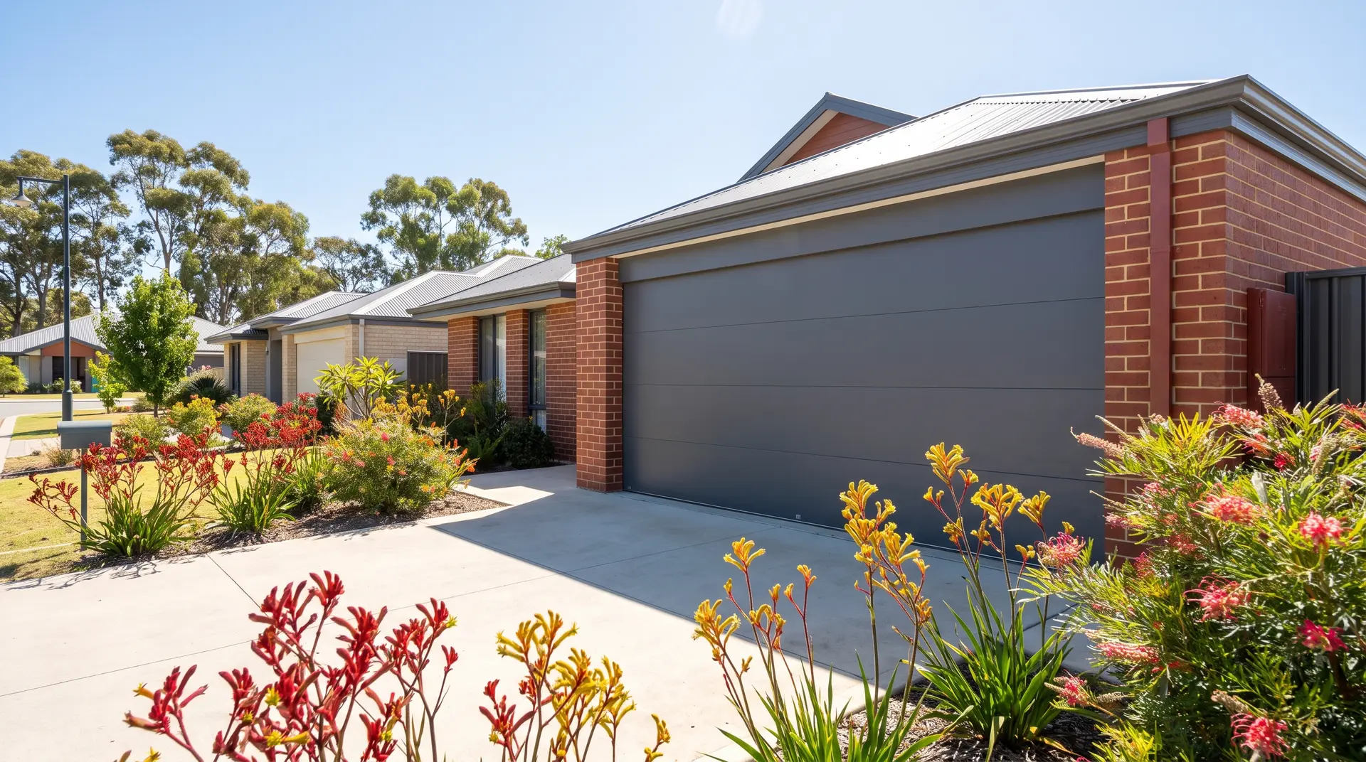 Freshly repaired sectional garage door aligned on clean tracks at a Perth suburban brick home driveway